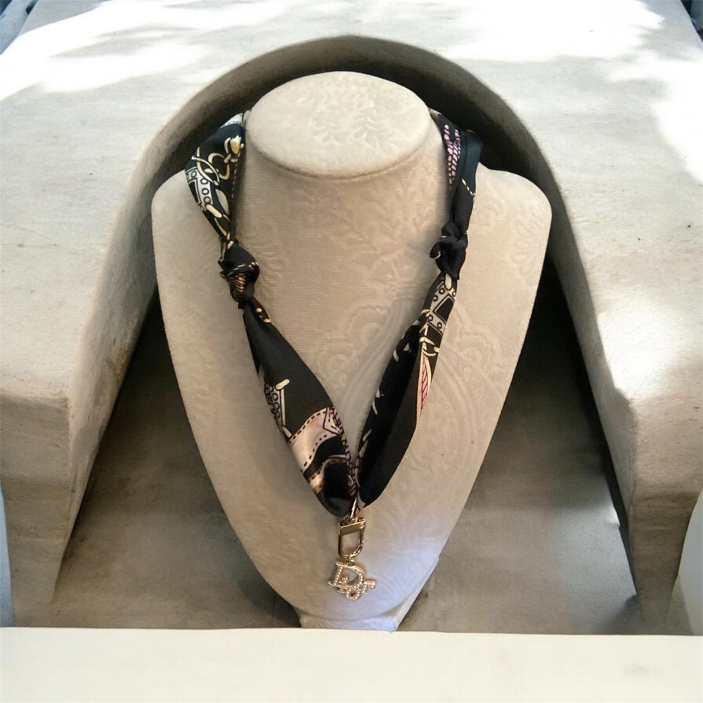 Black Patterned Silk Scarf Necklace with Gold Charm